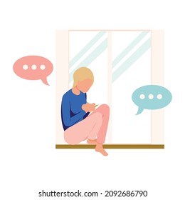 People with gadgets flat composition with character of boy sitting on windowstool with smartphone chat bubbles vector illustration