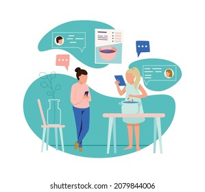 People with gadgets flat composition with female characters sending recipe for cooking soup vector illustration