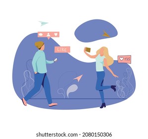 People with gadgets flat composition with girl making selfie receiving likes and followers vector illustration