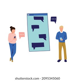 Personas con gadgets composición plana con caracteres masculinos y femeninos con ilustración vectorial de ventana de chat móvil