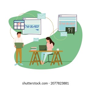 People with gadgets flat composition with people using laptops exchanging files and documents vector illustration