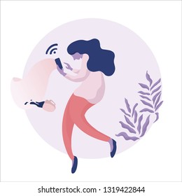People with gadgets - flat design style set of isolated characters on white background. Cartoon women