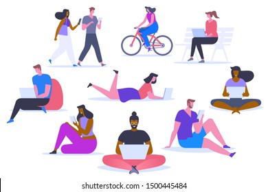 People with gadgets flat vector illustrations set. Happy men and women using digital devices cartoon characters. Distance education, remote job design elements. Modern technology for work and leisure