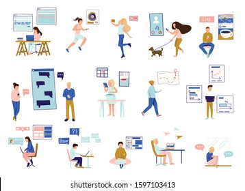 People and gadgets icons set with virtual communication symbols flat isolated vector illustration