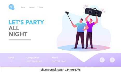 People and Gadgets Landing Page Template. Male Characters Making Selfie on Smartphone. Young Men with Tape Recorder Posing and Photographing on Mobile Phone Camera. Cartoon Vector Illustration