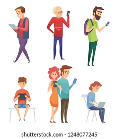 People with gadgets. Male female kids student lifestyle smartphones tablets laptop mobile phone chatting smart pad vector characters
