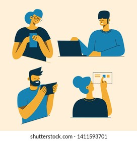 People and gadgets. Men and women holding smartphones and texting, talking, listening to music, taking selfie. Group of male and female characters with mobile phones in flat style