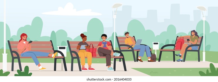 People with Gadgets on Benches in City Park. Men and Women Communicate Online with Mobile Devices. Young Characters Chatting in Social Networks use Laptops, Smartphones. Cartoon Vector Illustration.