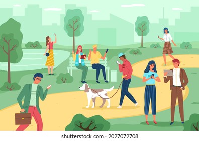 People with gadgets in park. Men and women spend time in city garden using electronic devices, walking outdoors with phones and tablets. Walkers in summer park vector cartoon concept