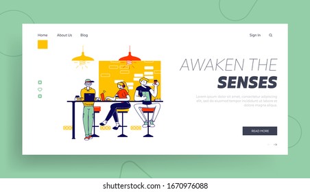 People with Gadgets in Recreation Place Landing Page Template. Characters Sitting in Cafe Messaging Online in Social Networks, Chatting Use Free Wifi Internet, Drink Coffee. Linear Vector Illustration