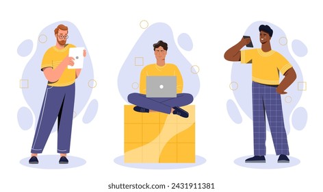 Gente con aparatos puestos. Hombres con tablet, laptop y smartphone. Tecnologías e innovaciones modernas. Chicos con dispositivos. Colección de vector plana de dibujos animados aislada sobre fondo blanco