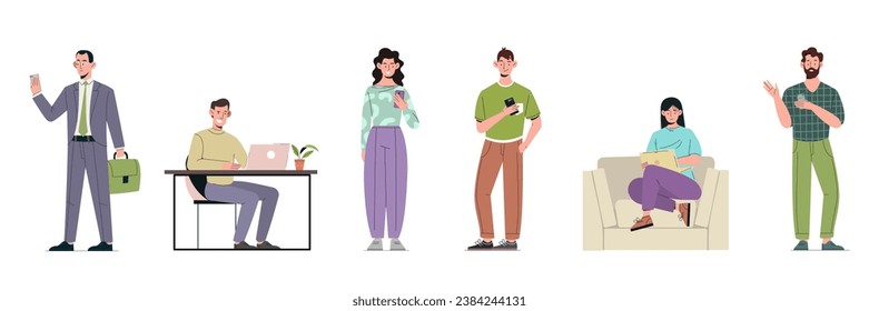 People with gadgets set. Men and women with smartphones. Young guy and girl with phone. Distance communication and interaction. Cartoon flat vector collection isolated on white background