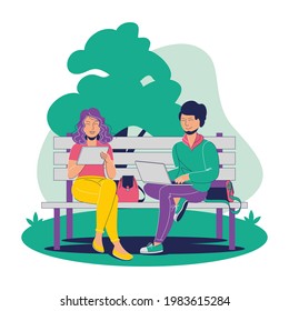 People with gadgets are sitting on a bench in the park. Students study online. Remote work, freelance, learn online, distance studying. Vector illustration isolated, characters concept