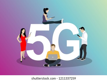 People with gadgets sitting on the big 5G symbol. Addicted to networks people concept illustration of young men and women using high speed wireless connection 5G via mobile smartphone