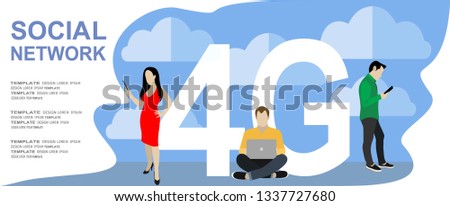 People with gadgets sitting on the big 4G symbol. Addicted to networks people concept illustration of young men and women using high speed wireless connection 4G via mobile smartphone 