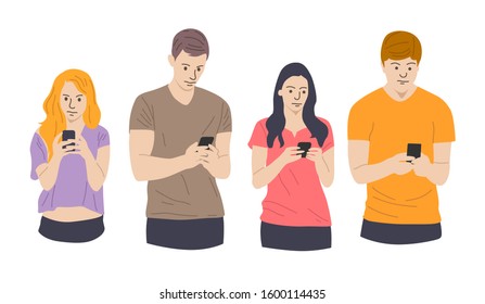 People with gadgets standing. Men and women with cell phone meeting outdoor. Cartoon student vector characters. Illustration of man and woman with gadget mobile using