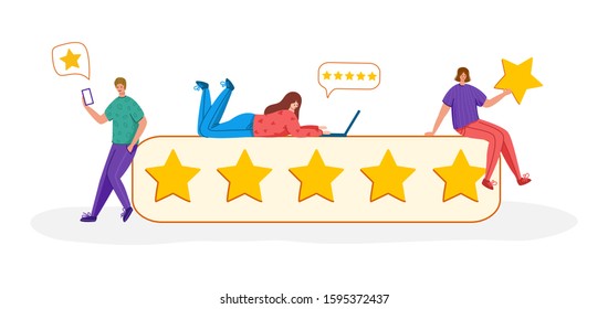 People with gadgets and stars - Client feedback or review concept, online service evaluation, miniature men and women and giant rating stars, flat tiny people and objects, trendy characters, Vector 
