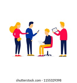 People with gadgets in their hands, teamwork, team, brainstorming, office life. Flat style vector illustration.