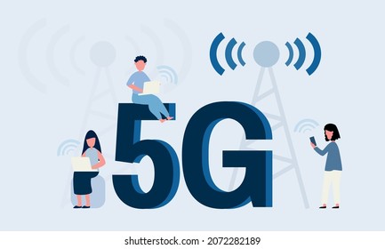 People with gadgets use high-speed Internet. 5G network wireless technology.