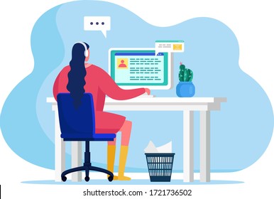 People With Gadgets Vector Illustration. Cartoon Flat Woman Character Sitting At Table, Reading Email On Screen Desktop, Using Computer For Work From Home Or Social Communication Isolated On White