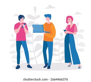 People with gadgets. Vector illustration for web banner, infographics, mobile Remote job, online education. Graphic designer with tablet. Freelancer working with laptop. 