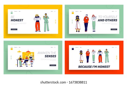 People with Gadgets Visit Coffee Shop. Honesty and Integrity Landing Page Template Set. Multiracial Characters Express Love, Gratitude Felling Gesture. Clients Work in Cafe. Linear Vector Illustration
