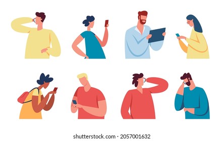 People with gadgets, young characters use mobile phones or tablets. Men and women talking on smartphone, texting, using social media vector set. Students chatting and using networks