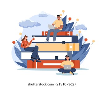 People gain knowledge. Students sit on books with laptops. Education and online courses. Self development and leadership, motivation. People looking for information. Cartoon flat vector illustration