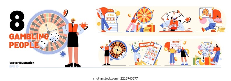 People gambling, flat vector illustration isolated on white. Set of characters playing poker, roulette and slot machine in casino, betting online, winning money in lottery game. Celebrating victory