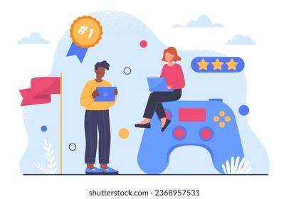 People with game concept. Man and woman near gamepad and joystick, controller. Young cople near video games and arcades. Fun and entertainment, leisure. Cartoon flat vector illustration
