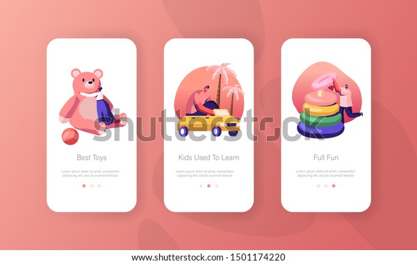 People Gaming with Baby Toys in Kindergarten\
Mobile App Page Onboard Screen Set. Childhood Playing Activity with\
Playthings for Kids Concept for Website or Web Page. Cartoon Flat\
Vector Illustration