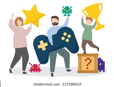 People with gaming icons illustration