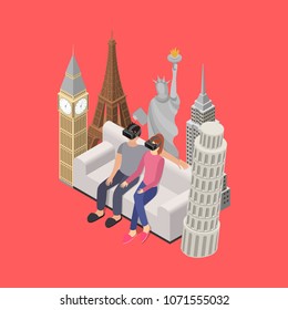 People Gaming Vr Concept Isometric View Travel and Tourism . Vector illustration of Couple Play Virtual Reality