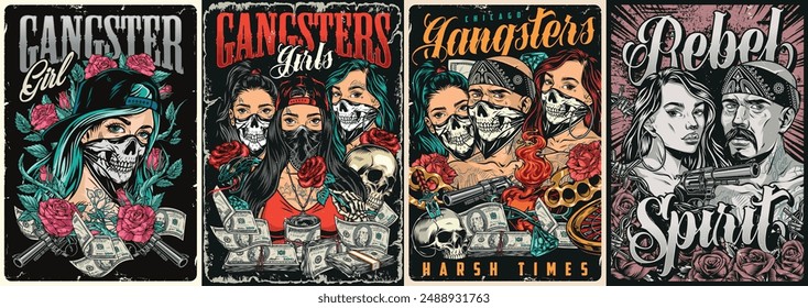 People gangsters colorful set posters with dangerous representatives of criminal world with dollars and revolvers near flowers vector illustration