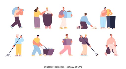 People and garbage. Group collect waste, adults cleaning street. Clean activities, volunteer keep plastic for recycle. Smart ecology utter vector characters