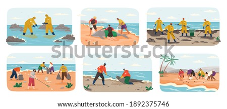 People with garbage on beach. Active people cleaning toxic seaside. Collaboration of volunteers clean up waste on ocean or sea coast, collecting plastic trash ecology protection. Save dolphins turtles