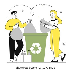 People with garbage recycling linear. Man and woman with bags near green trashcan. Zero waste and sustainable lifestyle. Eco activists and volunteers. Doodle flat vector illustration