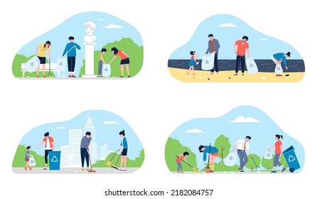 People And Garbage. Volunteers Collect Waste From Street, City Park And Beach. Guy Picking Litter For Recycling, Family And Students Clean Up Nature Recent Vector Scenes