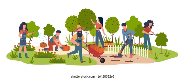 People in garden. Agricultural workers doing farming job harvesting with garden tools. Collecting fruits, watering vegetables vector seasonal work background