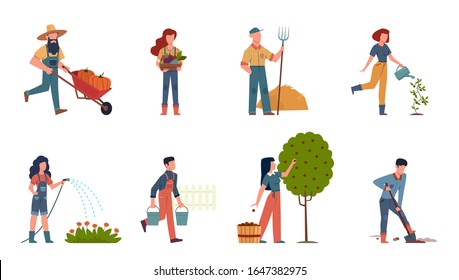 People in garden. Male and female doing farming job harvesting, planting and watering using gardening tools, organic plant products vector outdoor set