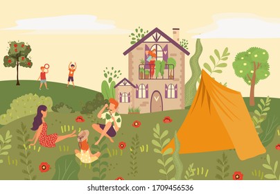 Gente en el jardín, picnic en el patio trasero de la casa de campo, afuera en la naturaleza de verano con niños y carpa de ilustración plana vectorial. Familia con niños jugando en el jardín, en actividades de ocio de césped.