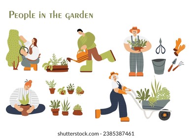 People in the garden planting. Vector set about natural life. Plants and gardening tools: care, peace, healing, balance. Different age women and men.