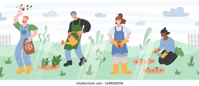 People in garden, spring scene with women and man working in garden, watering and planting seedlings, modern cartoon flat illustration. Cute friends characters gardening, farming process, vector art