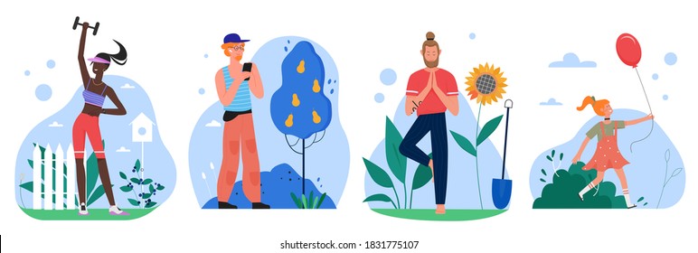 People in garden vector illustration set. Cartoon flat fitness girl character doing sport exercises, yogist standing in yoga pose asana after gardening, child playing with balloon isolated on white