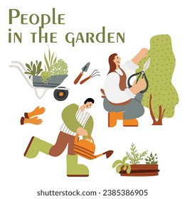 People in the garden. Woman and man planting. Gardening tools: shovel, rake, gloves, wheelbarrow, shears, watering can. Vector set