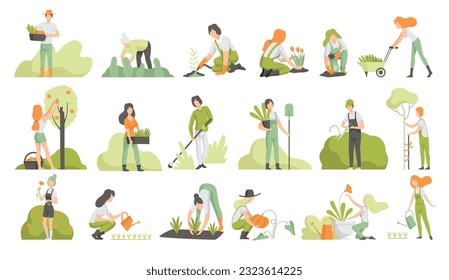 People Garden Worker Planting, Harvesting, Watering and Cultivating Crop Vector Set