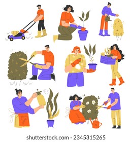 People Gardener Character Planting and Cultivating Botany Vector Set