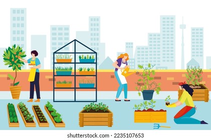 People gardener farmer together arrangement green roof, ecology nature landscaping flat vector illustration, eco cityscape view.