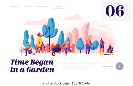 People Gardener and Farmer Work in Garden Landing Page. Man with Scissors and Secateurs Trimming Tree. Woman Harvest Apple. Female Planting Website or Web Page. Flat Cartoon Vector Illustration