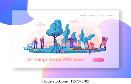 People Gardener Working in Garden Landing Page. Worker Planting and Watering Plants. Woman with Rake. Man Gardening with Lawnmower, Hose, Shovel Website or Web Page. Flat Cartoon Vector Illustration